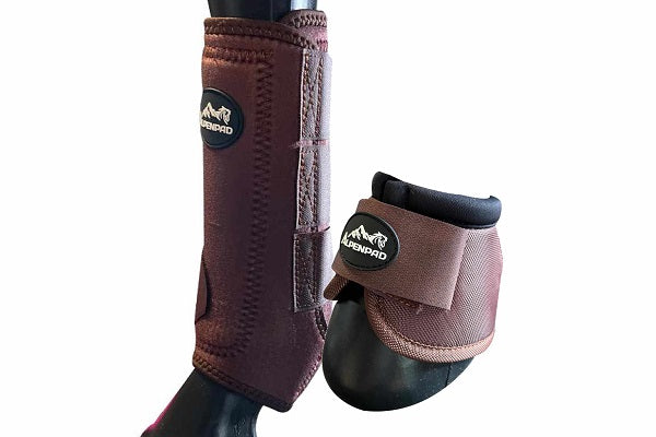 SET – AlpenPad – 2x EquiShield Gamaschen + 2x EquiShield Hufglocken – braun